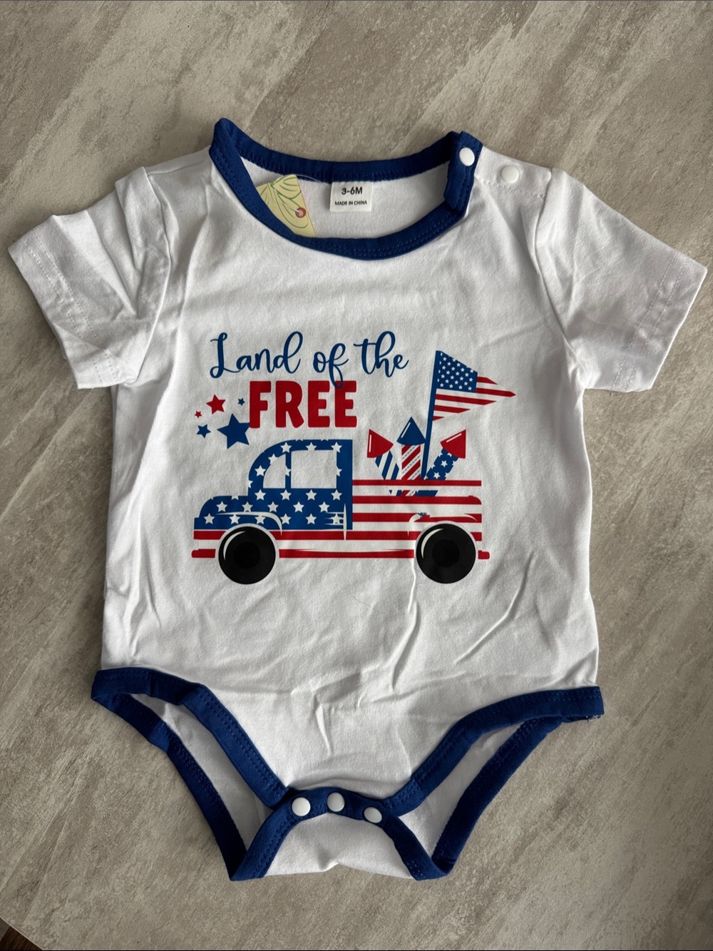 Patriotic Baby Onesie - White & Navy, Size 3-6 months